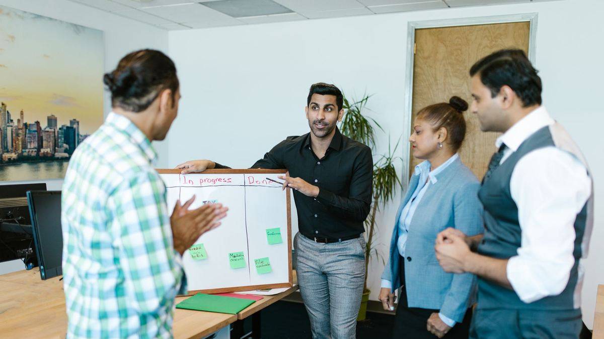 Marketing team planning a campaign at a whiteboard
